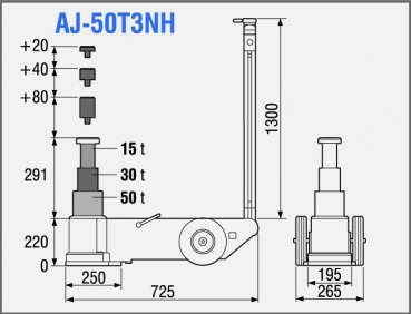 TDL AJ-50T3NH 3-stufiger lufthydraulischer Heber Tragkraft: 50.000/30.000/15.000 kg Inkl. 3 Adapterstücke